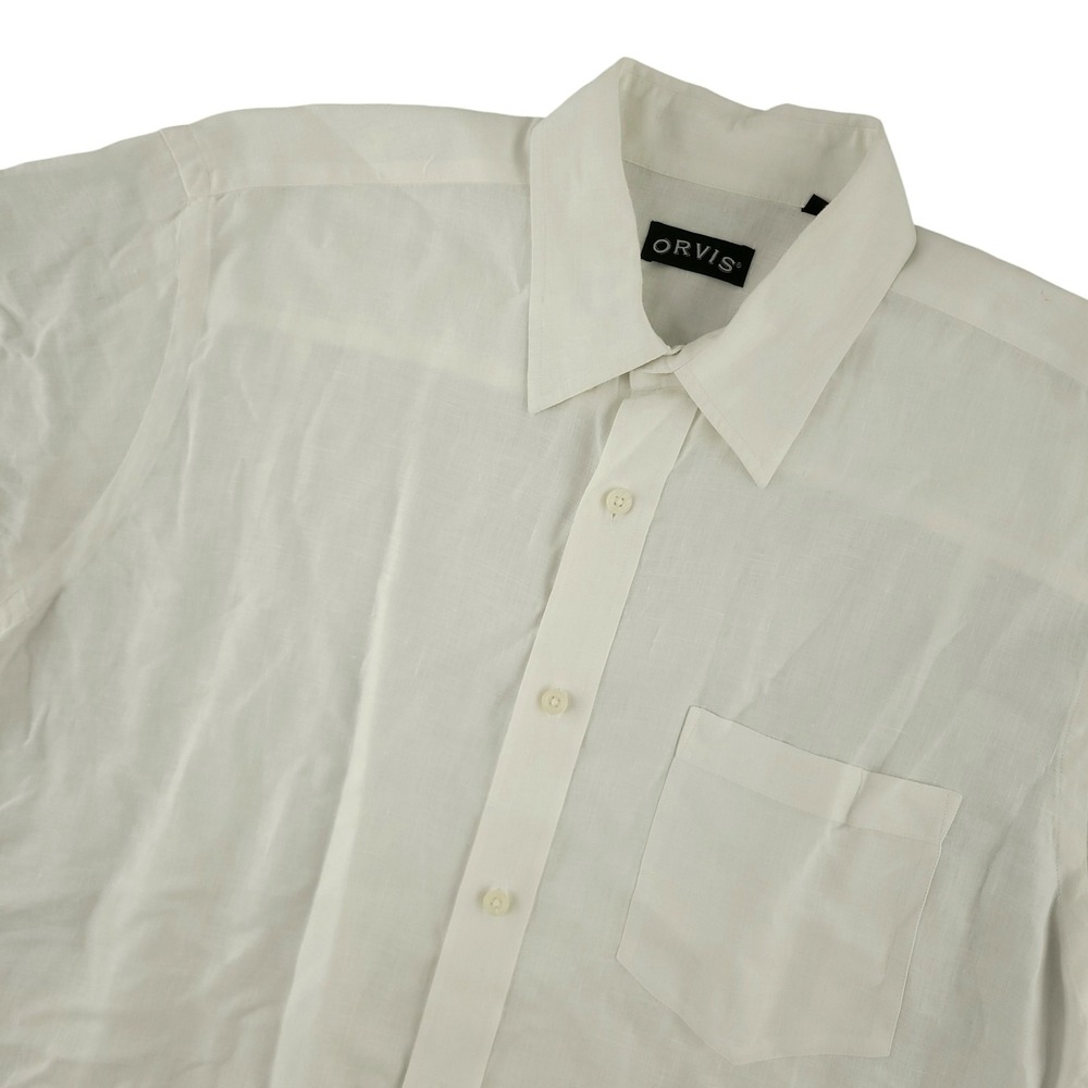 Orvis Shirt Mens XL White Solid Short Sleeve Linen Button Up Casual Summer